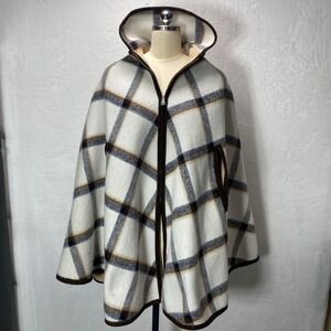 Vintage 1960s Plaid Wool Reversible Cape Shawl Brown Trim Oversized Blanket Coat